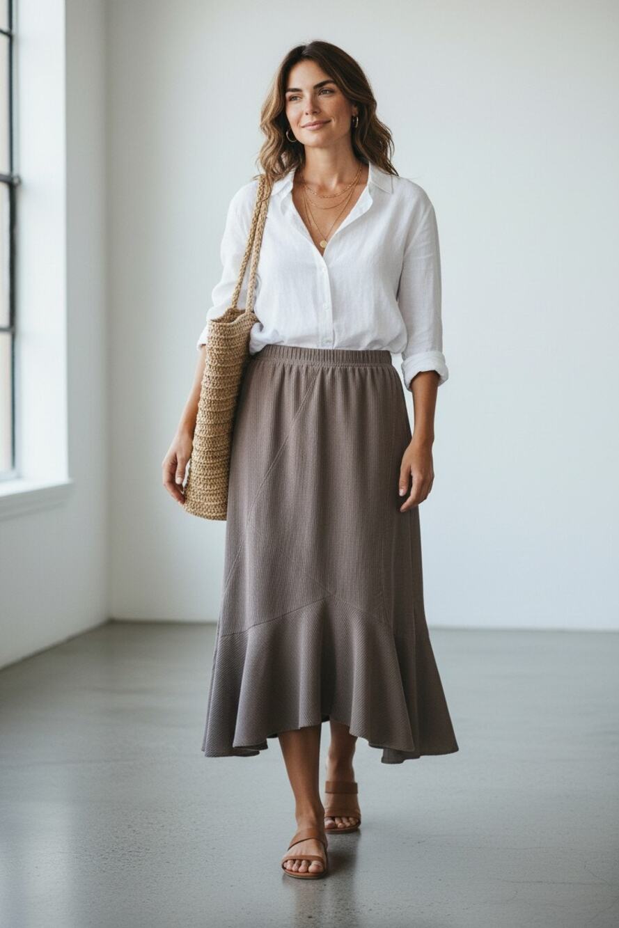 J Jill Pure Jill Asymmetric Ruffle Midi Skirt Smoky Taupe Medium